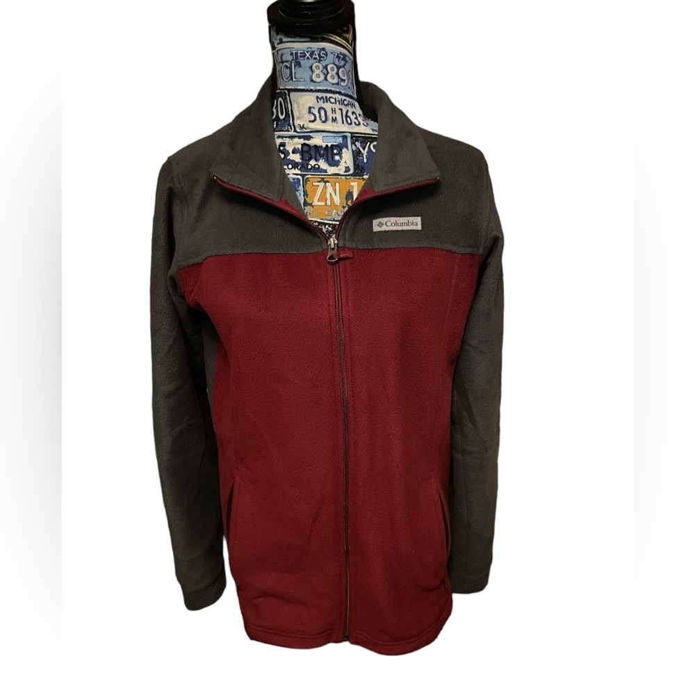 Columbia Youth XL Full Zip Up Long Sleeve Mock Neck Fleece Jacket Red Gray